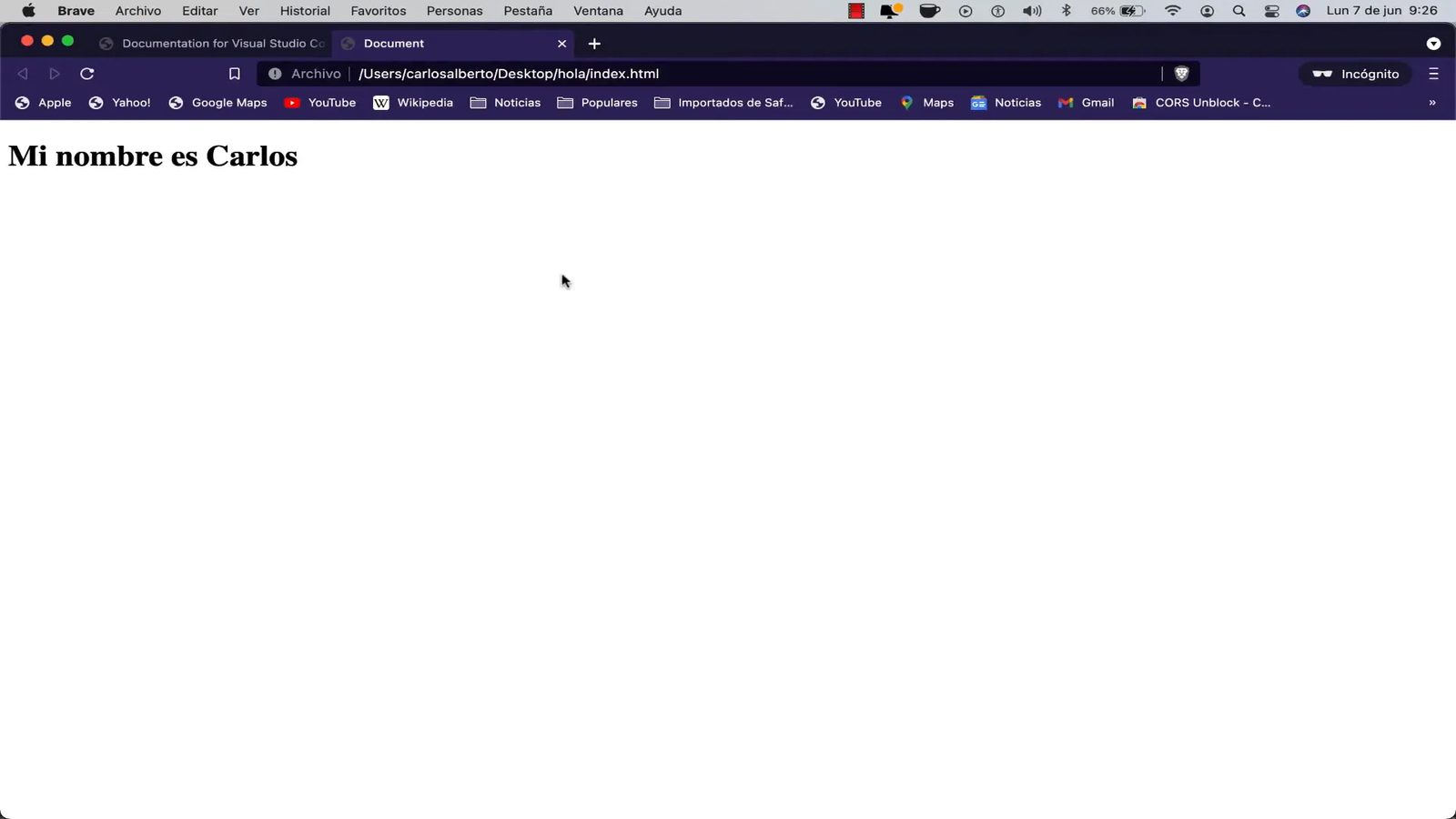 Visualización del archivo HTML con 'Mi nombre es Carlos'